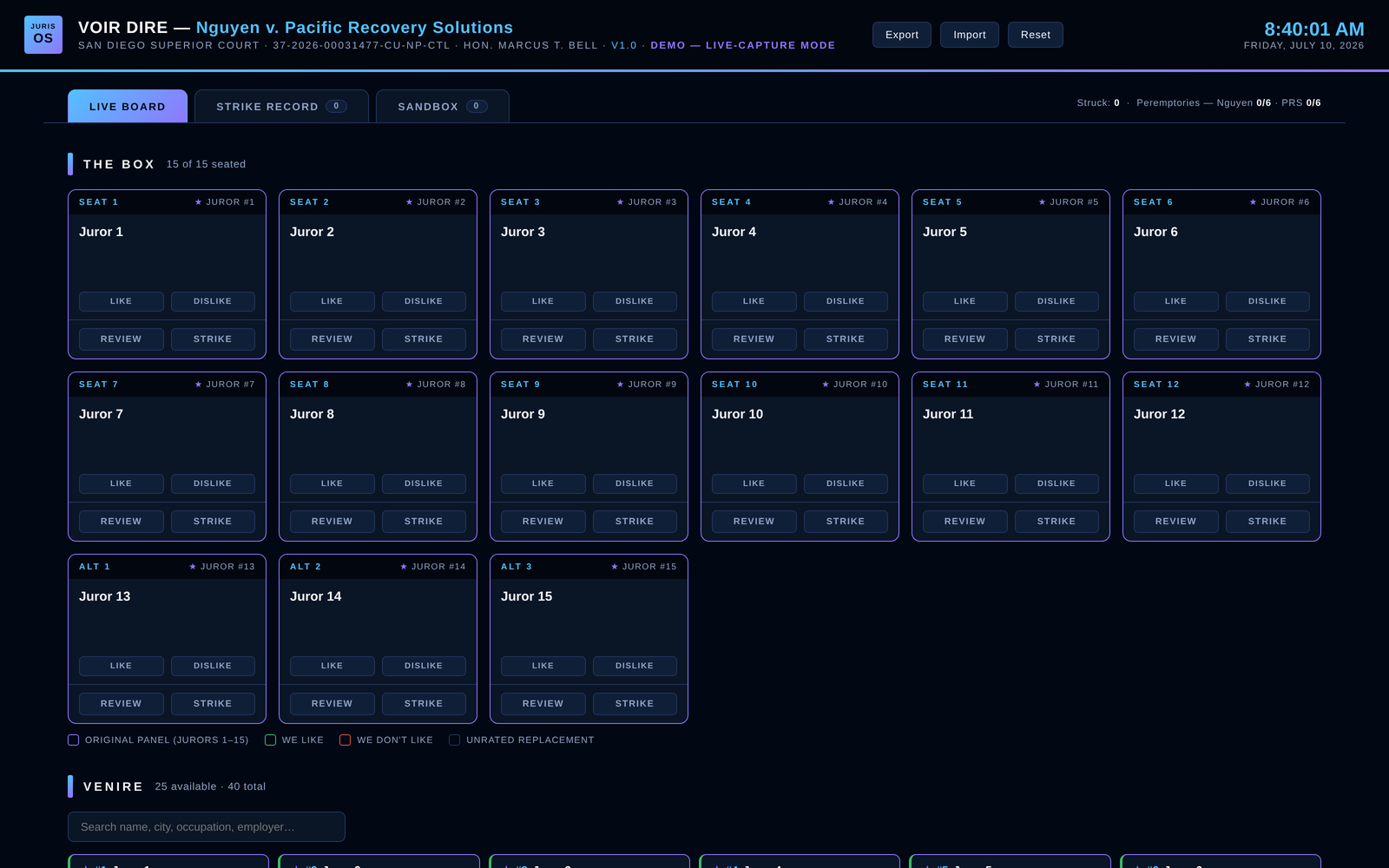 JurisOS Live-Capture Mode — state court demo, 12-seat jury box plus alternates