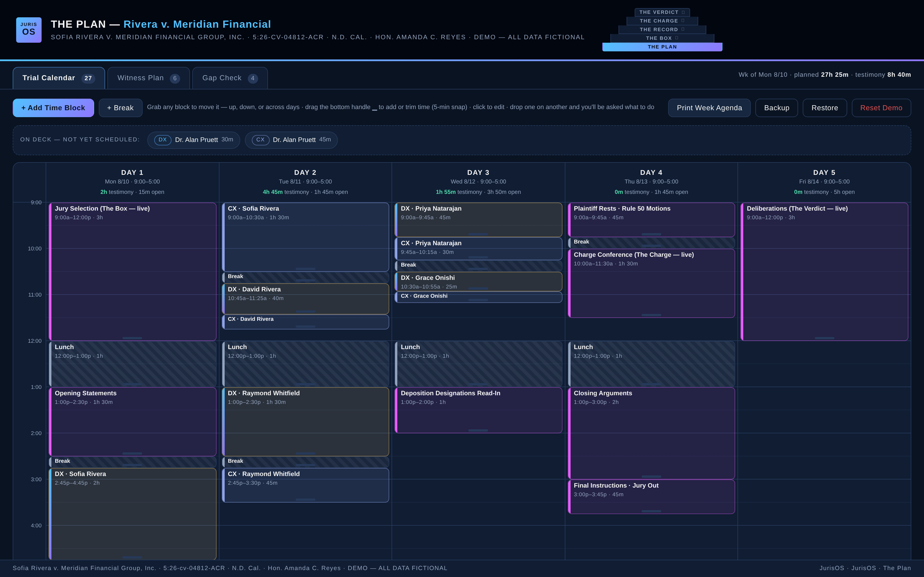 The Plan trial calendar — five-day drag-and-drop week grid with examinations, breaks, and per-day testimony totals