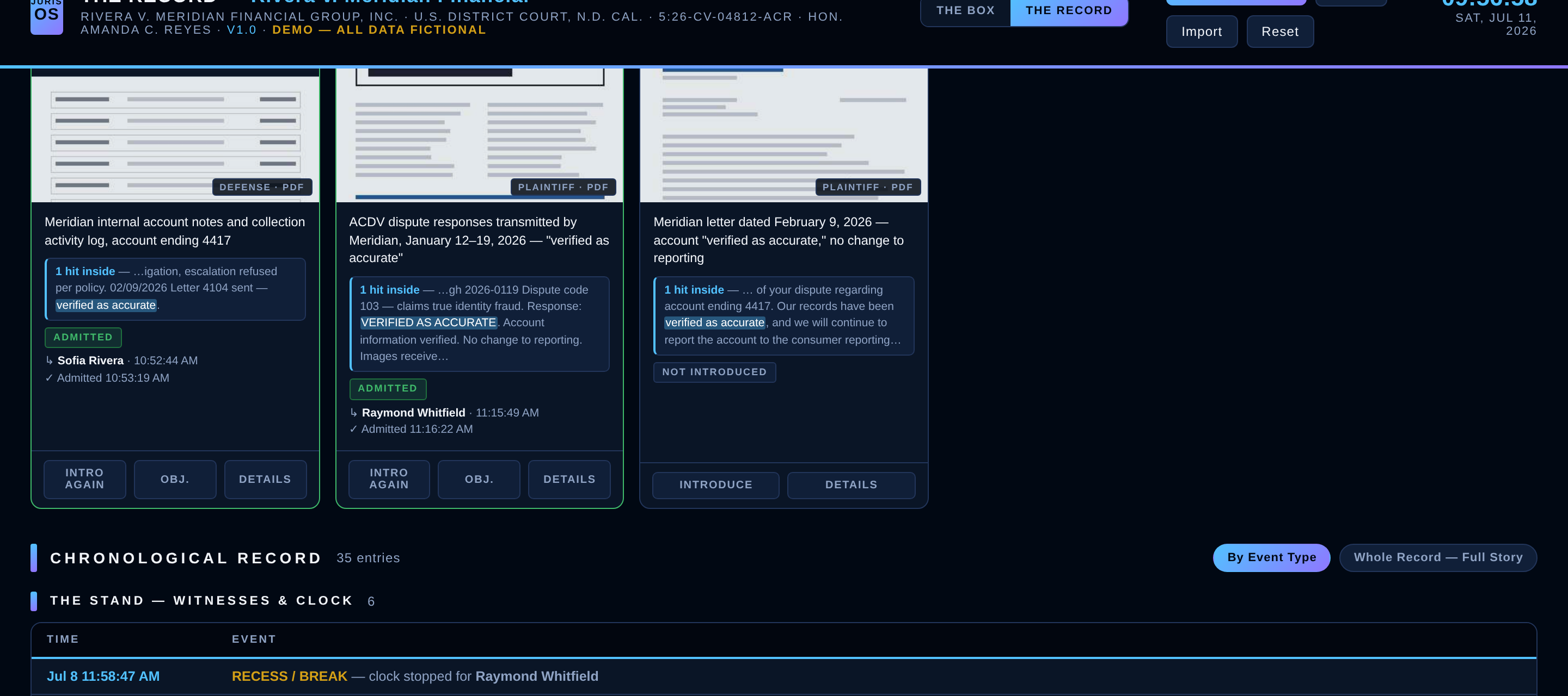 The Record full-text search — highlighted hits inside exhibit contents across the board